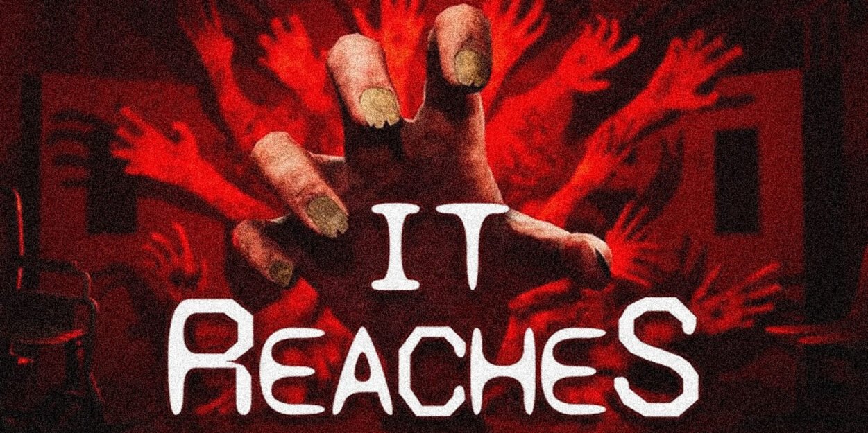 Ominous red poster with a large hand reaching toward the viewer and many red hands in the background, overlaid with white bold text.