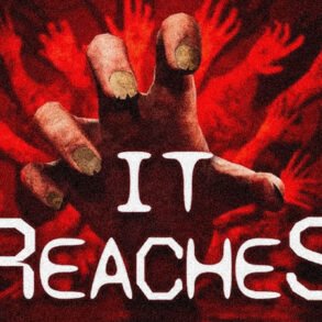 Ominous red poster with a large hand reaching toward the viewer and many red hands in the background, overlaid with white bold text.