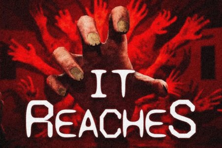 Ominous red poster with a large hand reaching toward the viewer and many red hands in the background, overlaid with white bold text.