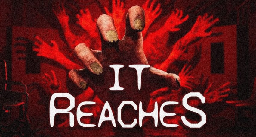 Ominous red poster with a large hand reaching toward the viewer and many red hands in the background, overlaid with white bold text.