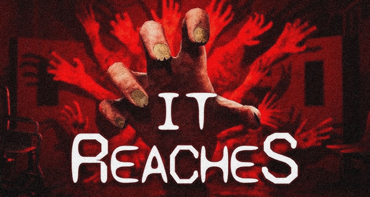 Ominous red poster with a large hand reaching toward the viewer and many red hands in the background, overlaid with white bold text.