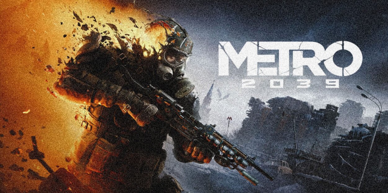 Soldier in a gas mask and heavy armor aims a rifle amid a fiery, ruined city; Metro 2033 branding in the background.