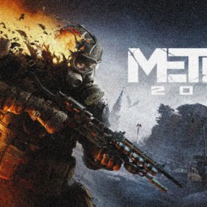 Soldier in a gas mask and heavy armor aims a rifle amid a fiery, ruined city; Metro 2033 branding in the background.