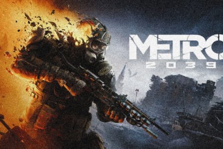 Soldier in a gas mask and heavy armor aims a rifle amid a fiery, ruined city; Metro 2033 branding in the background.