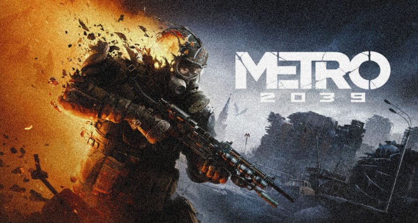 Soldier in a gas mask and heavy armor aims a rifle amid a fiery, ruined city; Metro 2033 branding in the background.