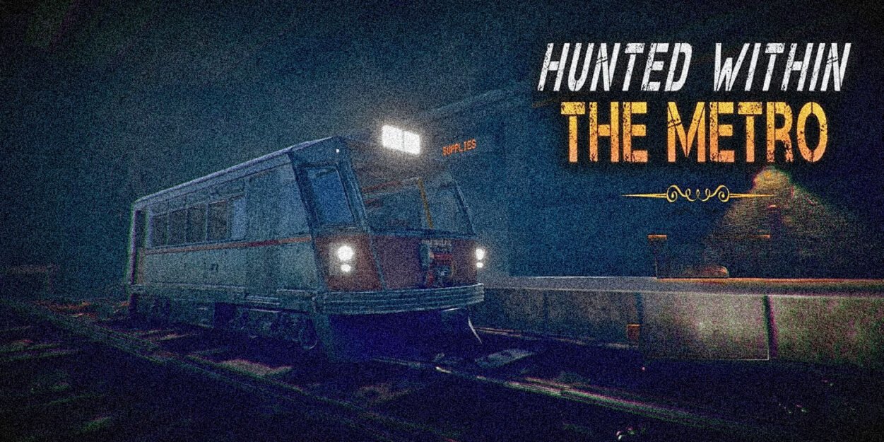 Night scene of a derailed bus on subway tracks at night, with the bold title 'Hunted Within The Metro' on the right of the image.