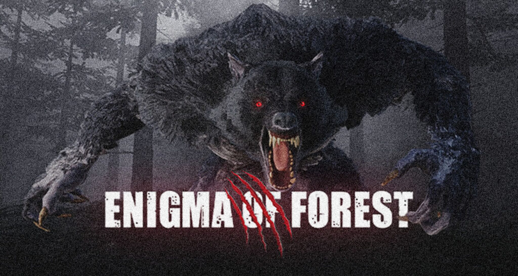 A colossal snarling wolf-like monster with glowing red eyes stalks a dark forest, overlaid with the title ENIGMA FOREST and red claw-mark graphics.