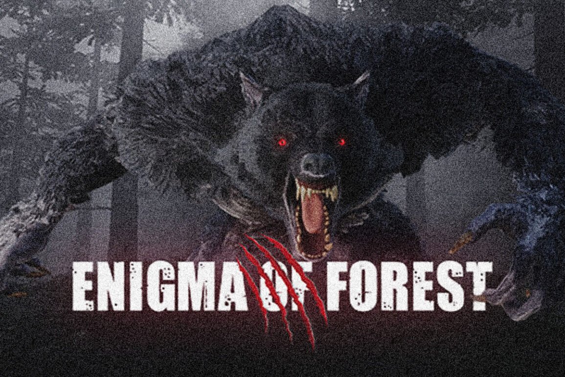 A colossal snarling wolf-like monster with glowing red eyes stalks a dark forest, overlaid with the title ENIGMA FOREST and red claw-mark graphics.