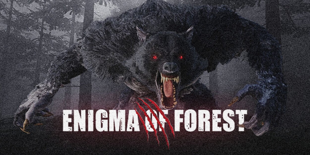 A colossal snarling wolf-like monster with glowing red eyes stalks a dark forest, overlaid with the title ENIGMA FOREST and red claw-mark graphics.