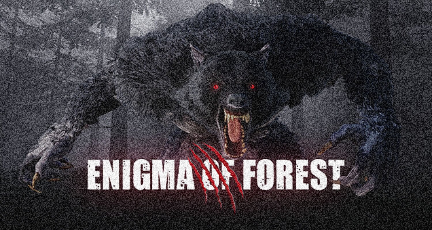 A colossal snarling wolf-like monster with glowing red eyes stalks a dark forest, overlaid with the title ENIGMA FOREST and red claw-mark graphics.