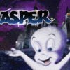 Casper the friendly ghost with arms open in front of a haunted castle against a purple night sky.