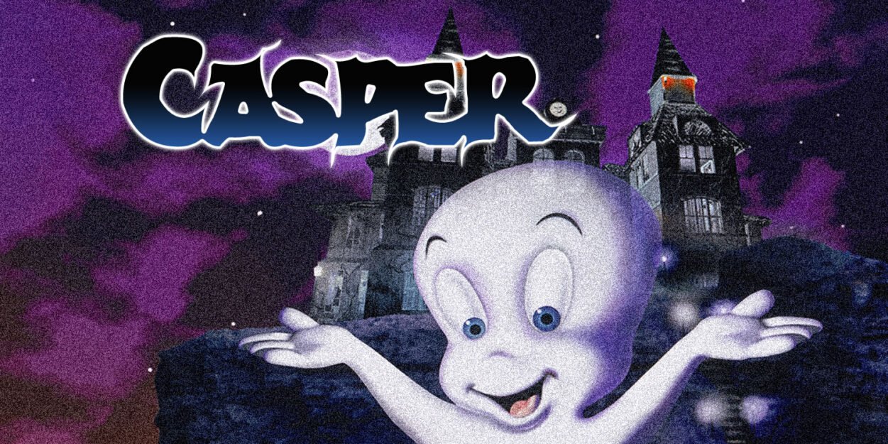 Casper the friendly ghost with arms open in front of a haunted castle against a purple night sky.
