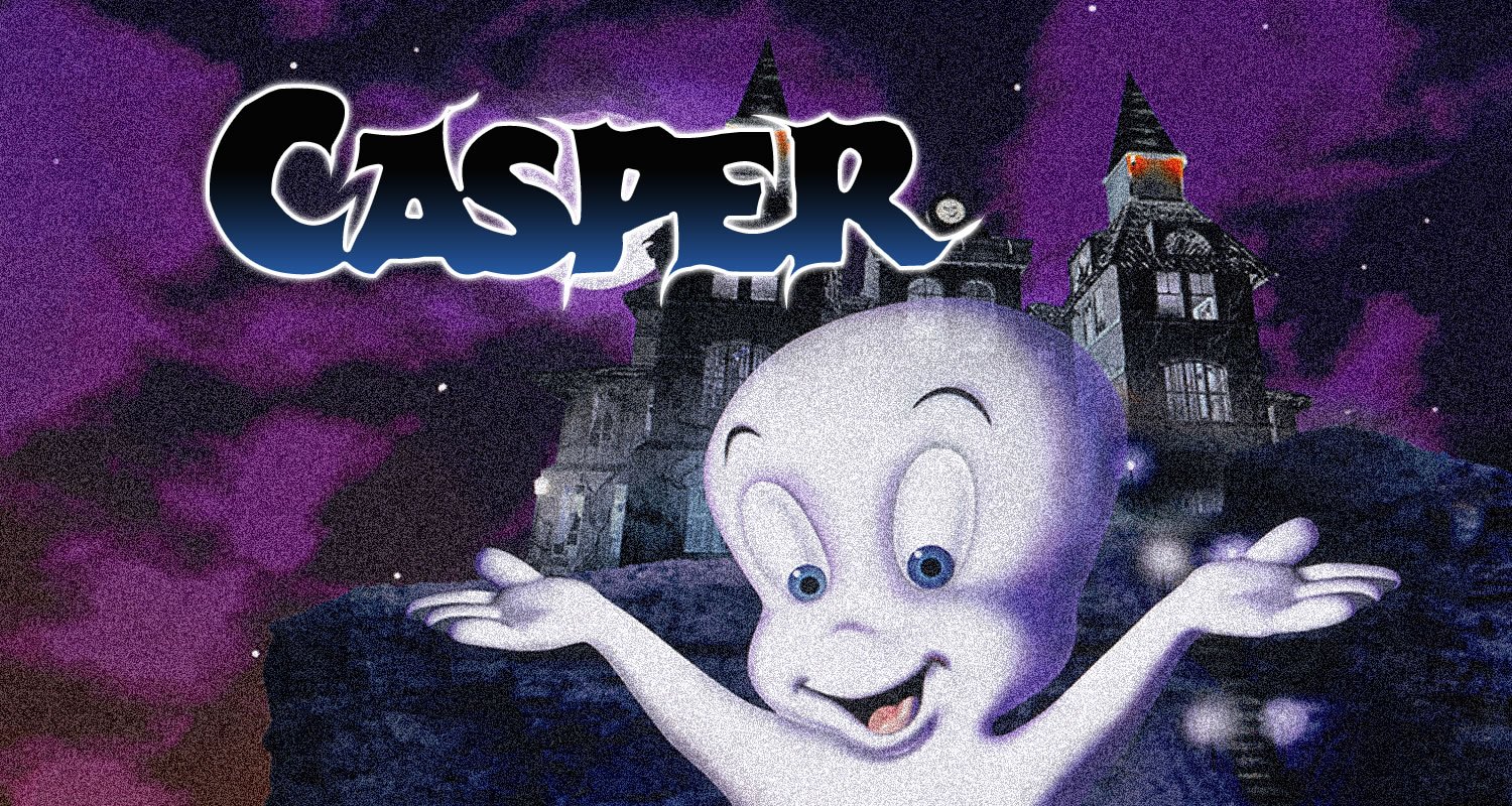 Casper the friendly ghost with arms open in front of a haunted castle against a purple night sky.
