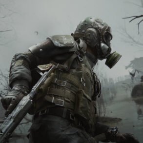 Soldier wearing a gas mask and tactical gear in a foggy, ruined battlefield with wrecked vehicles nearby, crouching with rifle ready.