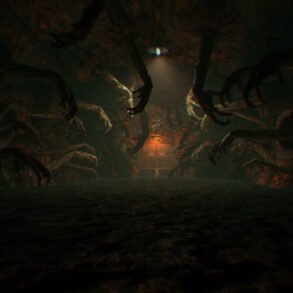 Dark, damp cavern with numerous clawed hands reaching toward a distant orange glow on the ground/center. A eerie, shadowy scene with eerie light.