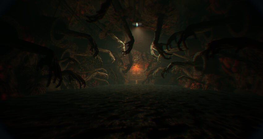 Dark, damp cavern with numerous clawed hands reaching toward a distant orange glow on the ground/center. A eerie, shadowy scene with eerie light.
