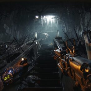 First-person view through a ruined subway tunnel with damaged escalator, barbed wire, and a futuristic rifle in the foreground, dim light ahead.