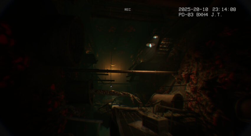 Dim, underground industrial tunnel with rusty pipes, exposed cables, and red-tinged rock walls lit by a faint glow.