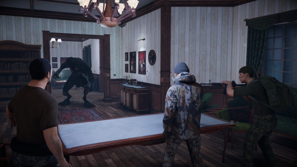Three civilians confront a snarling werewolf-like creature in a wood-paneled, ornate room with paintings and a bookshelf nearby.