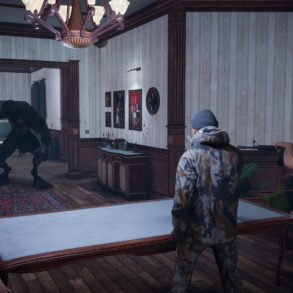 Three civilians confront a snarling werewolf-like creature in a wood-paneled, ornate room with paintings and a bookshelf nearby.