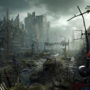 Desolate ruined city street with crumbling buildings, overgrown vegetation, and abandoned vehicles, viewed from a barbed-wire fence.