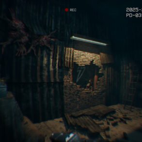 Dark, claustrophobic room with a damaged brick wall bearing a lightning-bolt symbol, scattered debris, and a ladder leaning to the right; REC stamp in the upper area.