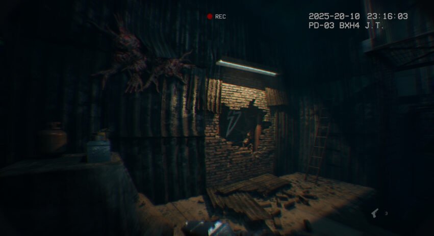 Dark, claustrophobic room with a damaged brick wall bearing a lightning-bolt symbol, scattered debris, and a ladder leaning to the right; REC stamp in the upper area.