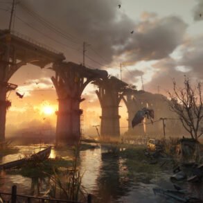 Sunset over a destroyed elevated bridge with broken arches spanning a swampy river, wrecked car, and bare trees.