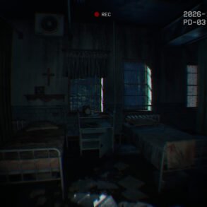 Dim hospital ward with two metal beds, a cross on the wall, and a red REC indicator at top center.