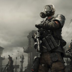 Dusty post-apocalyptic soldiers in gas masks guard a ruined city, rifles drawn.