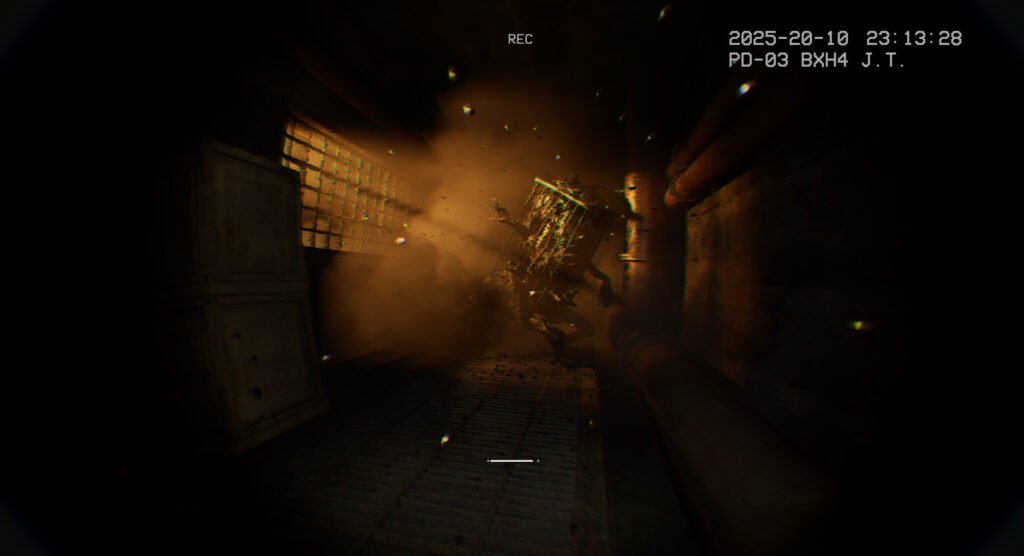 Surveillance-style screenshot: a humanoid figure in an orange-smoke-filled dark industrial tunnel; 'REC' and timestamp visible at the top-right.