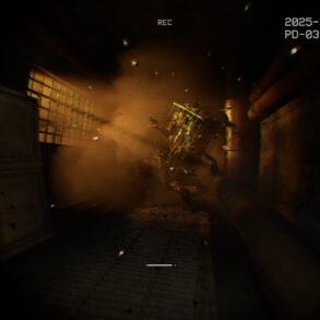 Surveillance-style screenshot: a humanoid figure in an orange-smoke-filled dark industrial tunnel; 'REC' and timestamp visible at the top-right.