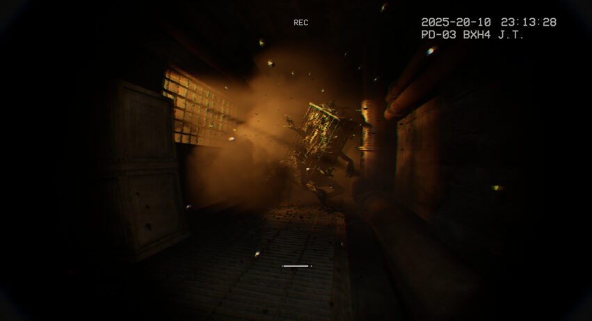 Surveillance-style screenshot: a humanoid figure in an orange-smoke-filled dark industrial tunnel; 'REC' and timestamp visible at the top-right.