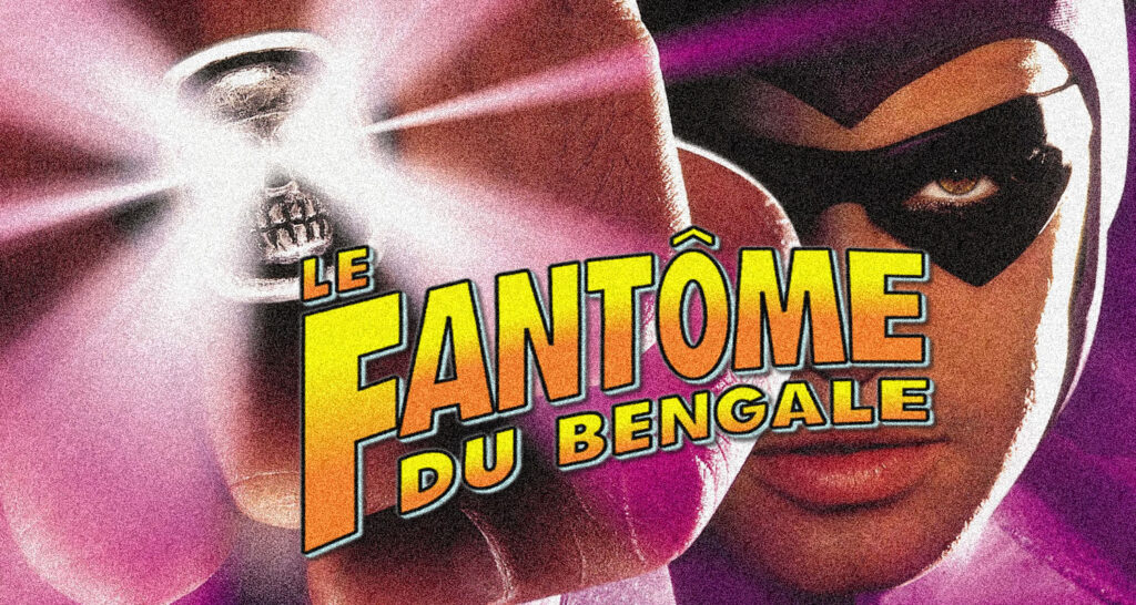 Promotional poster for Le Fantôme du Bengale with a masked hero and a bright light burst crossing the bold title text.