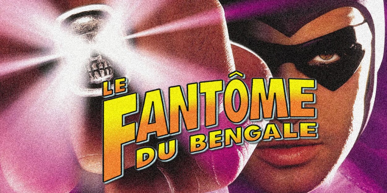 Promotional poster for Le Fantôme du Bengale with a masked hero and a bright light burst crossing the bold title text.