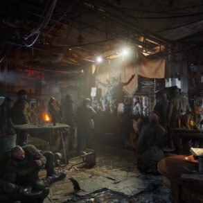 A dim underground tavern filled with weary survivors, a man on a raised platform arms outstretched as others mingle and drink.