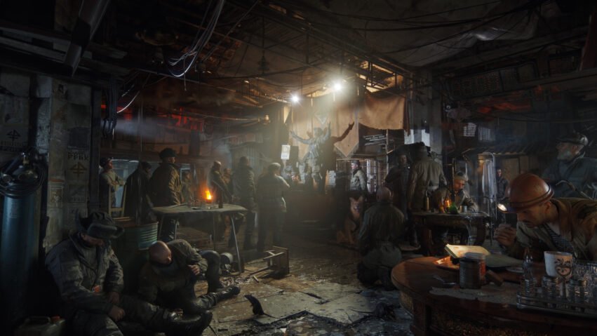A dim underground tavern filled with weary survivors, a man on a raised platform arms outstretched as others mingle and drink.