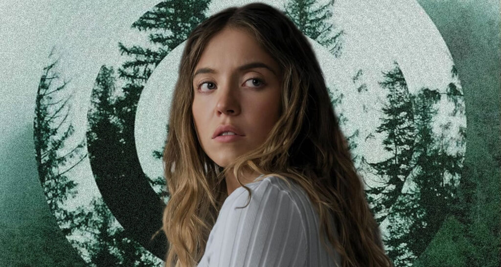 Portrait of a woman with wavy hair in a light striped shirt, looking over her shoulder against a green forest-themed backdrop with a circular motif.