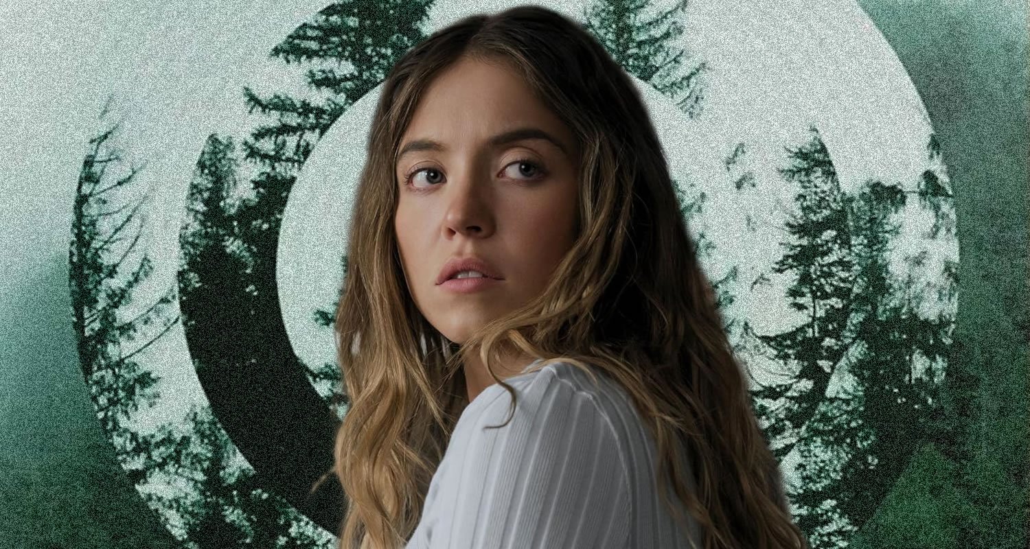 Portrait of a woman with wavy hair in a light striped shirt, looking over her shoulder against a green forest-themed backdrop with a circular motif.