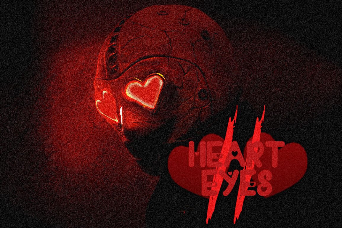 Red, cracked head with glowing heart-shaped eyes against a dark background; the words 'HEART EYES' appear in red behind it.