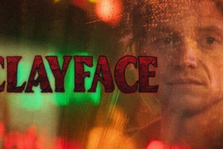 Man's contemplative face blended with bold red cracked text 'CLAYFACE' and colorful neon lights in the background.
