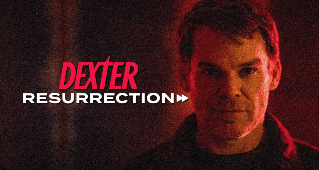 Promotional poster for Dexter: Resurrection featuring a man bathed in red light and bold title text on the left.