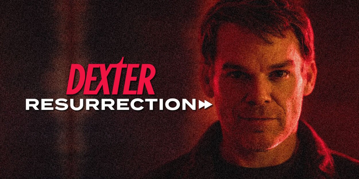 Promotional poster for Dexter: Resurrection featuring a man bathed in red light and bold title text on the left.