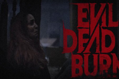 Dark horror poster: a shadowed woman on the left and a large red distressed 'EVIL DEAD' on the right.