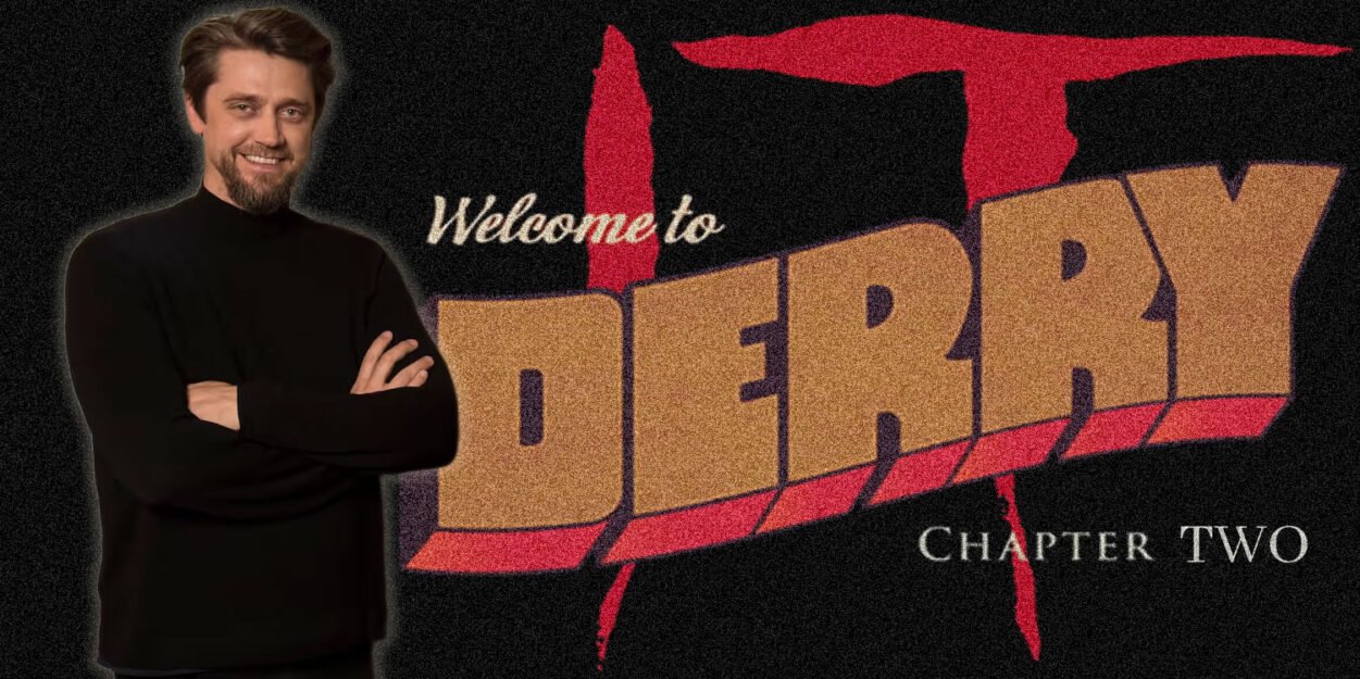 Man in a black turtleneck stands with arms crossed beside a grainy retro-style poster that reads 'Welcome to' and 'Chapter Two' with large gold lettering.