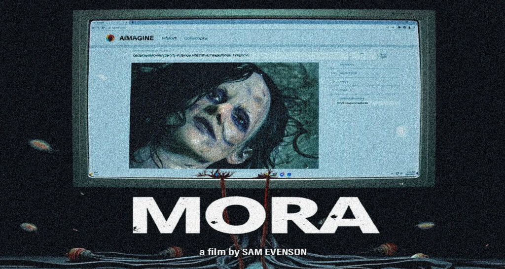 Poster for the film MORA by Sam Evenson; a computer monitor on a dark background shows a close-up, haunting face.