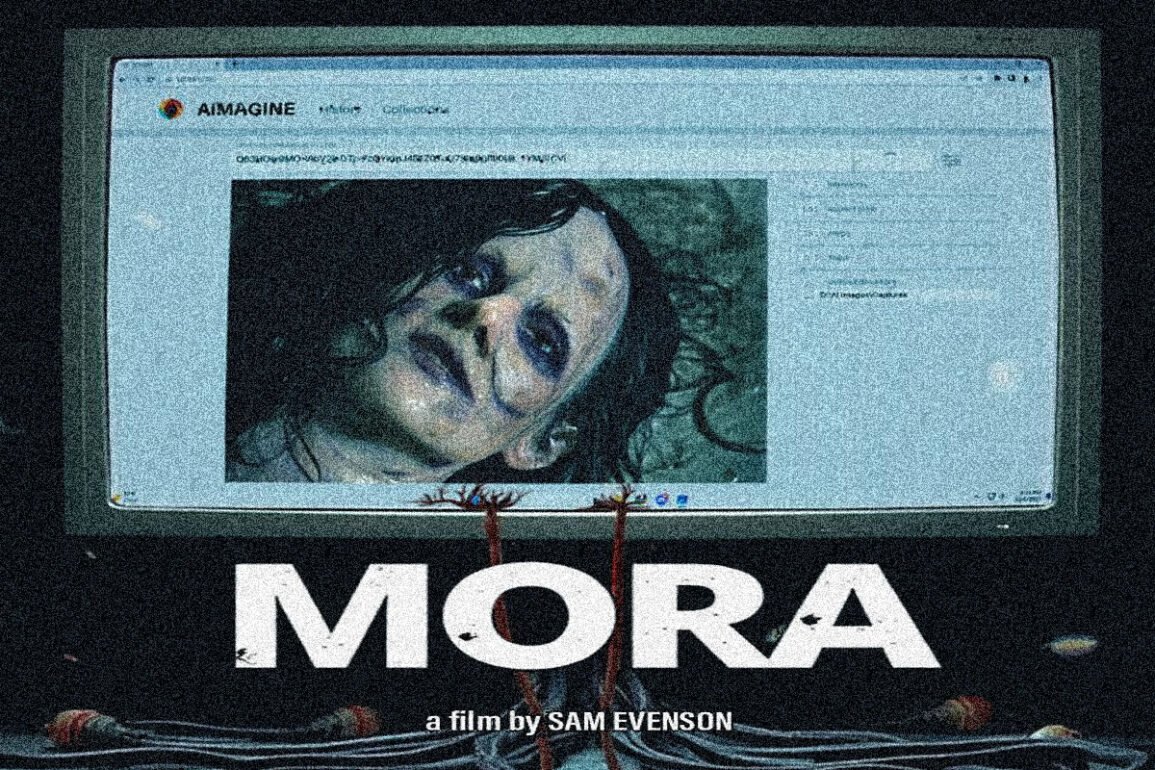 Poster for the film MORA by Sam Evenson; a computer monitor on a dark background shows a close-up, haunting face.