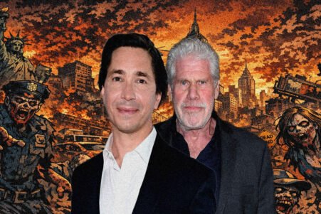 Two men in suits posing in front of a dramatic zombie-apocalypse cityscape with flames and ruined buildings behind them.