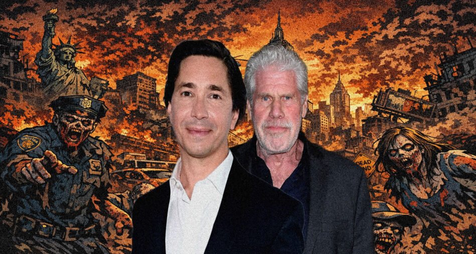 Two men in suits posing in front of a dramatic zombie-apocalypse cityscape with flames and ruined buildings behind them.