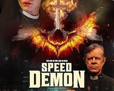 Poster for Speed Demon featuring a woman in a nun's habit on the left, an older man on the right, a blazing cross between them, and a speeding train at the bottom.